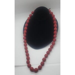 Vintage Chinese Export Carved Cinnabar Bead Necklace Hand Knotted Silver Clasp